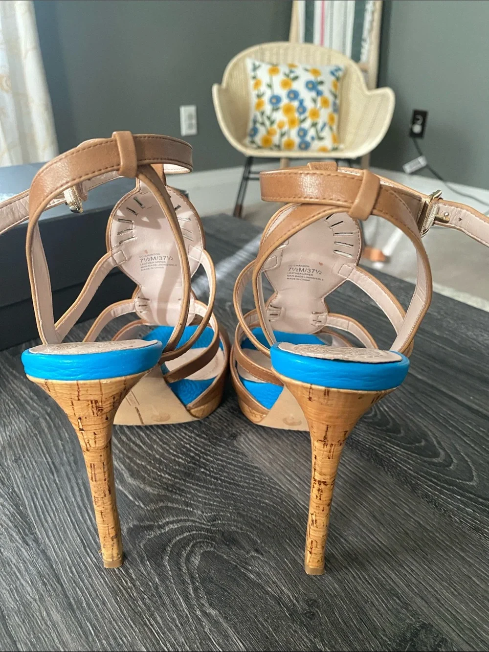 Vince Camuto Brown Leather Jeweled Wedge Sandals with Bright Blue Insole